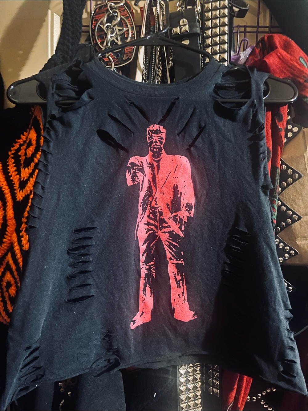 Black Distressed Tank with Pink Stencil Figure